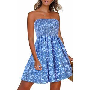 Women Blue Dot Strapless Off Shoulder Cover Ups Casual Beach Sundress